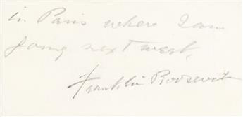 ROOSEVELT, FRANKLIN D. Autograph Note Signed, as Assistant Secretary of the Navy, in pencil, on his printed visiting card: